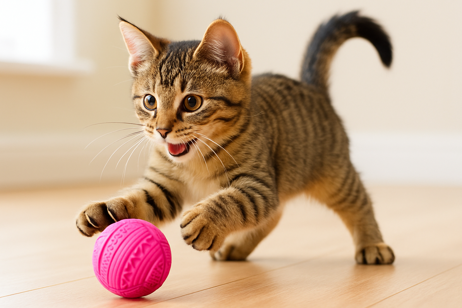 A cat playing with the pink interactive ball having fun